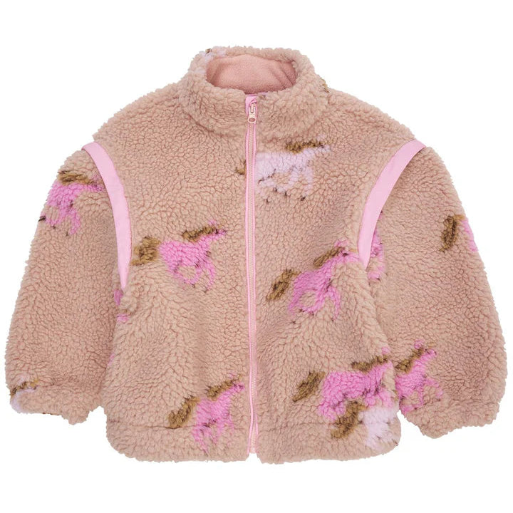 Pink teddy jacket with unicorn pattern