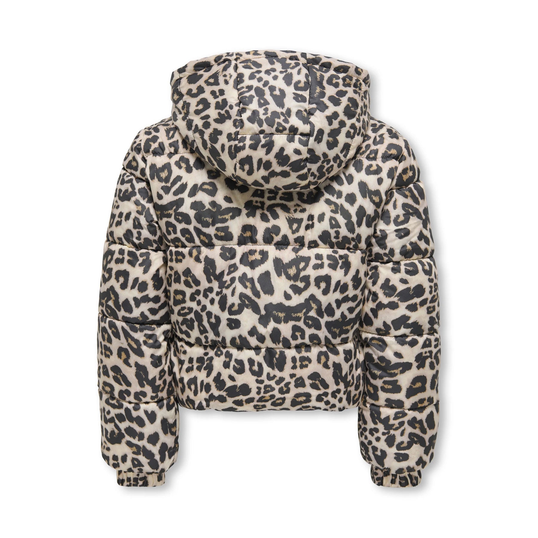 Leopard print puffer jacket on a white background