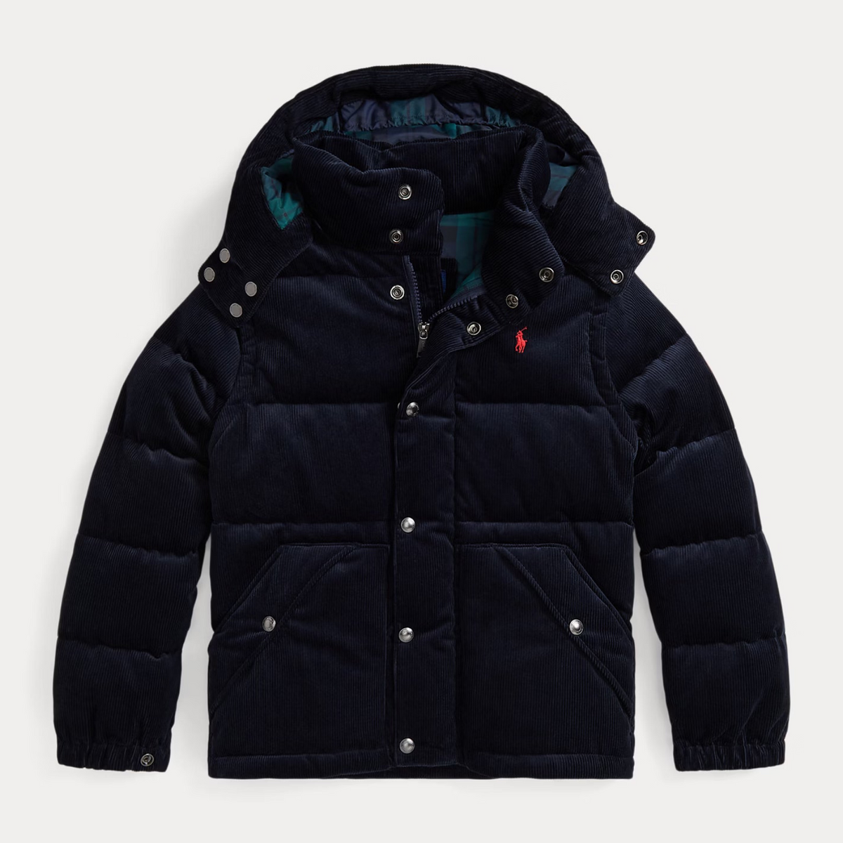 A dark navy blue hooded puffer jacket with silver snap buttons, shown flat against a light gray background. A small red embroidered polo player logo is visible on the left chest.