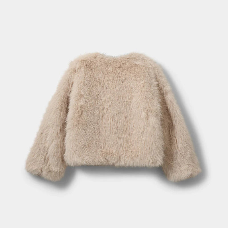 Beige fluffy jacket on a light gray background, seen from the back
