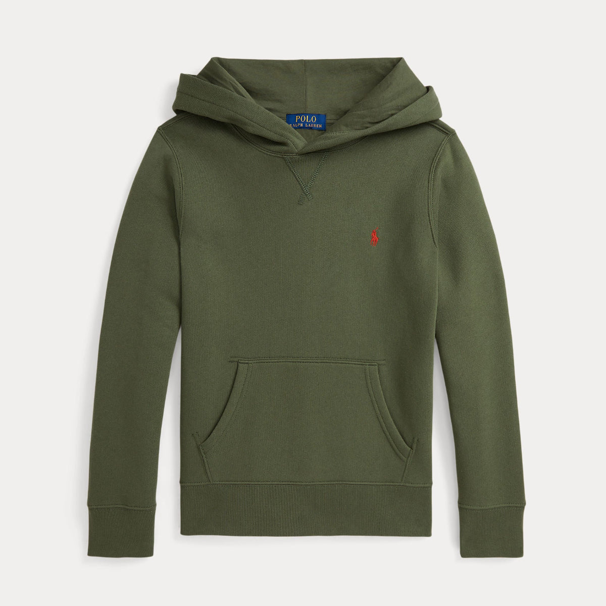 Olive green Ralph Lauren hoodie with a small red logo on a white background