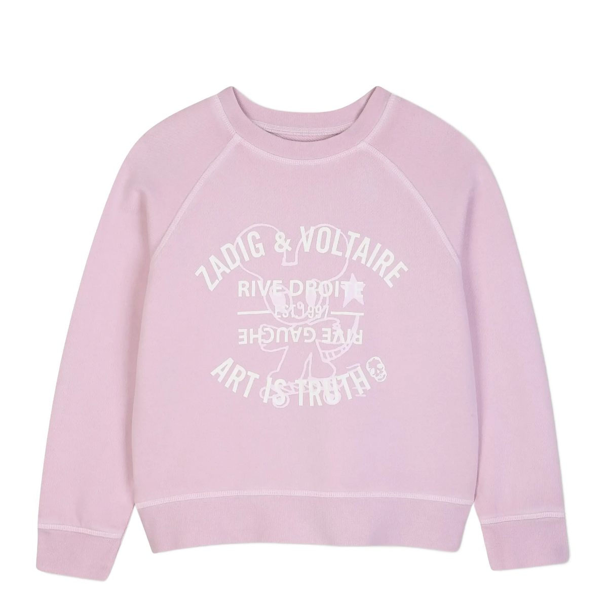 A light pink long-sleeve sweatshirt with a white graphic print on the front reading 'ZADIG & VOLTAIRE RIVE D'OR ART IS TRUTH' with a star and line art design, shown on a plain white background.